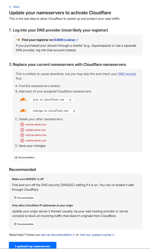 Cloudflare screen showing assigned nameservers and old Name.com nameservers to delete