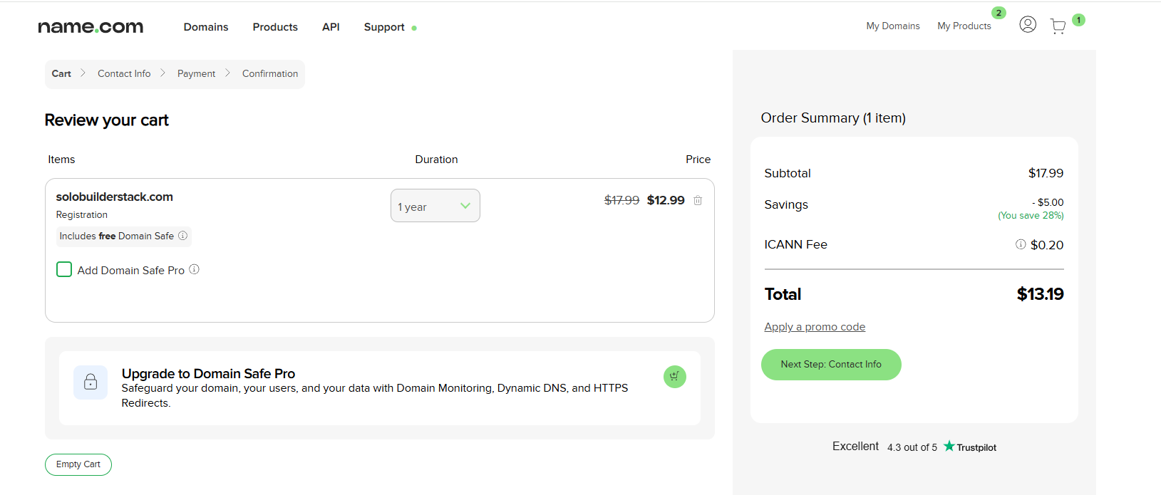 Name.com cart showing solobuilderstack.com as the only paid domain item