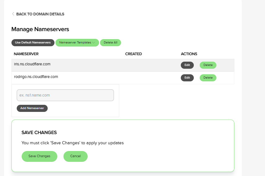 Name.com Manage Nameservers page with two Cloudflare nameservers entered and a Save Changes action
